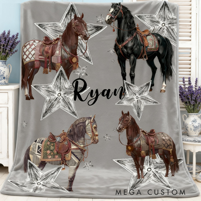 Personalized Riding Star Blanket Equestrian Horse Custom Name Festive Stars Decor with French Countryside Gifts Family Blanket for Riding Lovers Equestrian Lovers