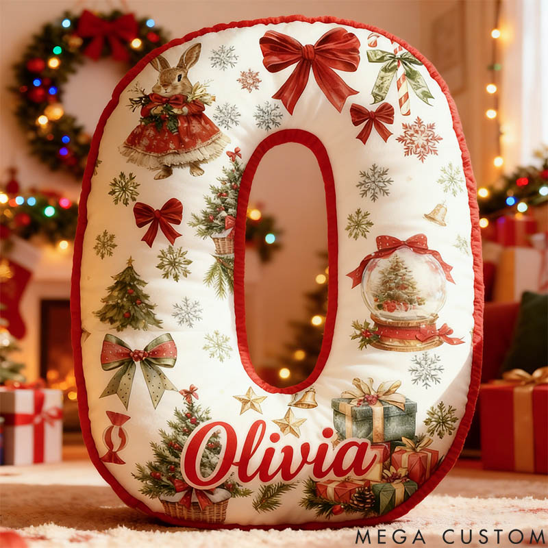 Personalized Girl friend Christmas Rabbit 26 Letters Pillow Custom Red Bow Bunny Graphic 3D Printed Alphabet Initials Cushion Christmas Gift for Her