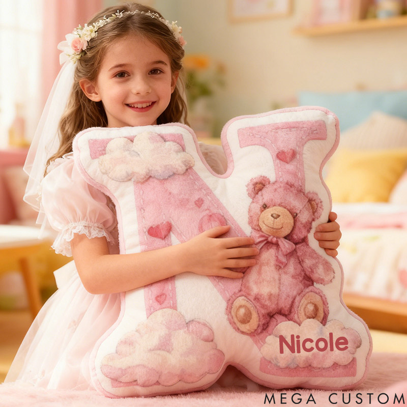 Personalized Flower Girl Pink Bear and Cloud 26 Letters Pillow Custom Girl friend Graphic 3D Printed Alphabet Initials Cushion Birthday Gift for Her