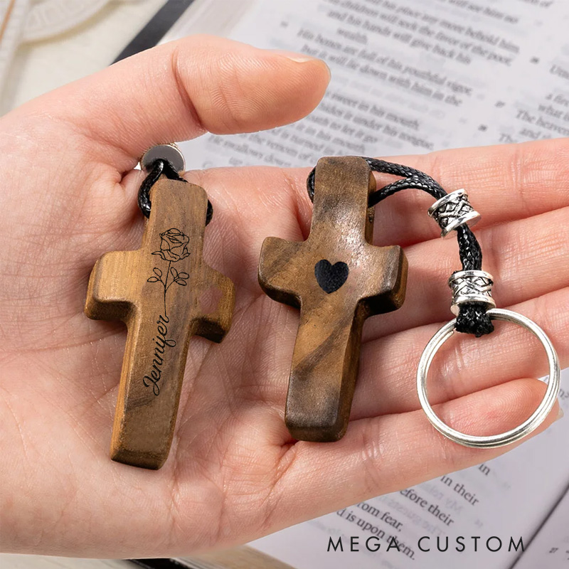Personalized Wooden Cross Heart Keychain with Birthflower and Name Engraving Religious Gift Birthday Gift for Christians