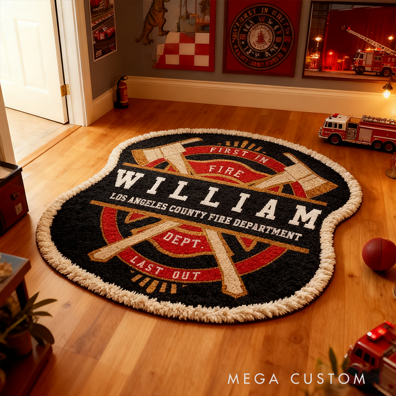 Personalized Firefighter Badge Rug Custom Name and Department Logo Carpet Gift for Firefighters and Hero Families