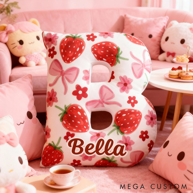 Personalized Rosette Strawberry Letter Pillow Initial Throw Pillow Custom Holiday Home Decor Letter Pillow for Flower Girl for Girl friend