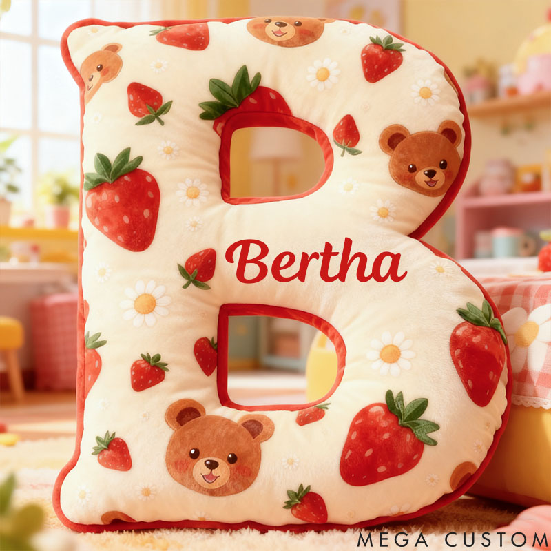 Personalized Girl friend Bear and Strawberry 26 Letters Pillow Custom Girlfriend Graphic 3D Printed Cushion Valentines Day Christmas Gift for Her