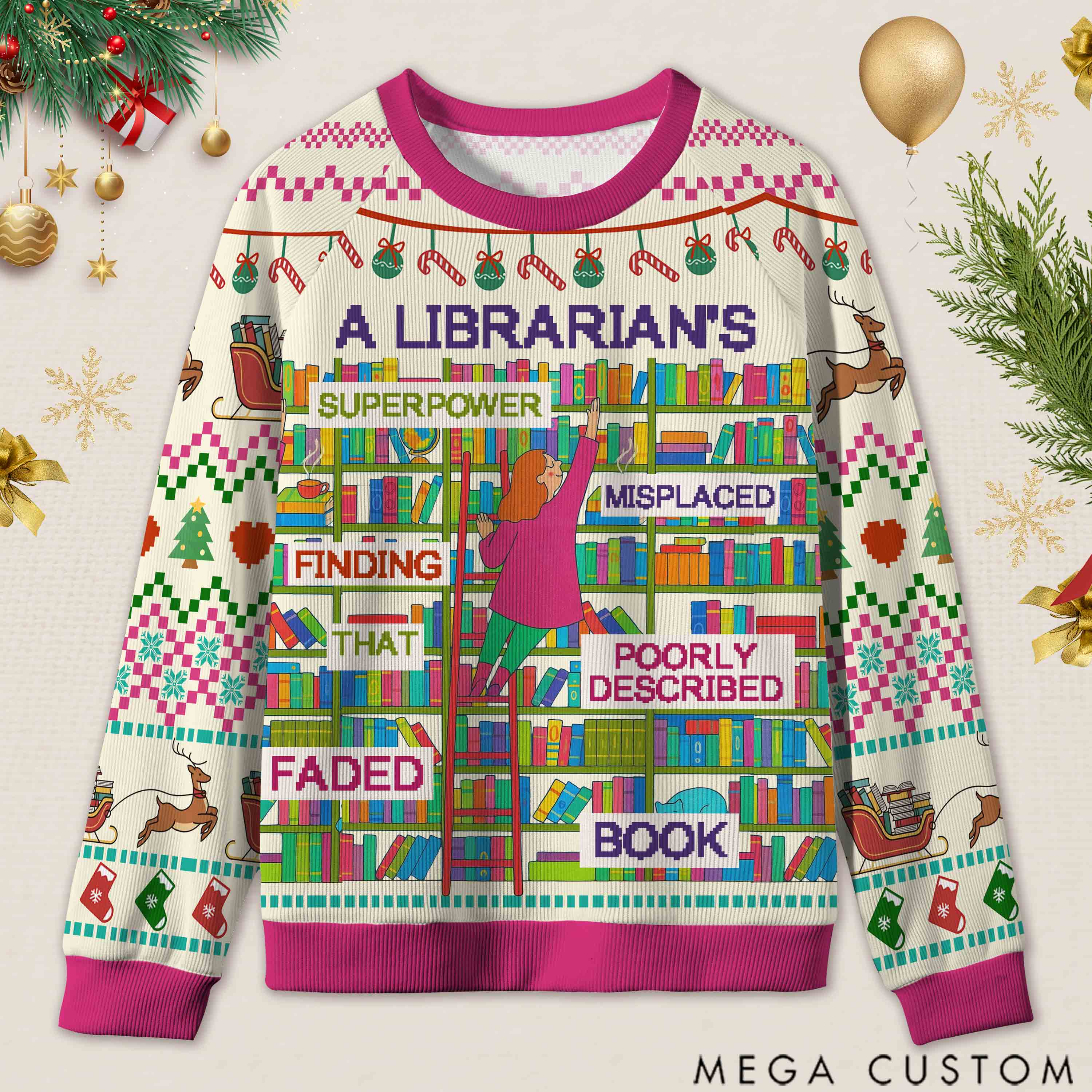 Personalized Librarian Superpowers Funny Ugly Sweater Office Holiday Party Gift for librarian