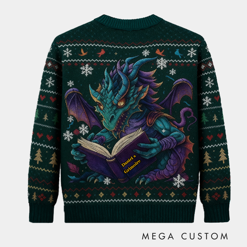 Personalized Magic Dragon Ugly Christmas Sweater Gift for Librarians and Reading Enthusiasts