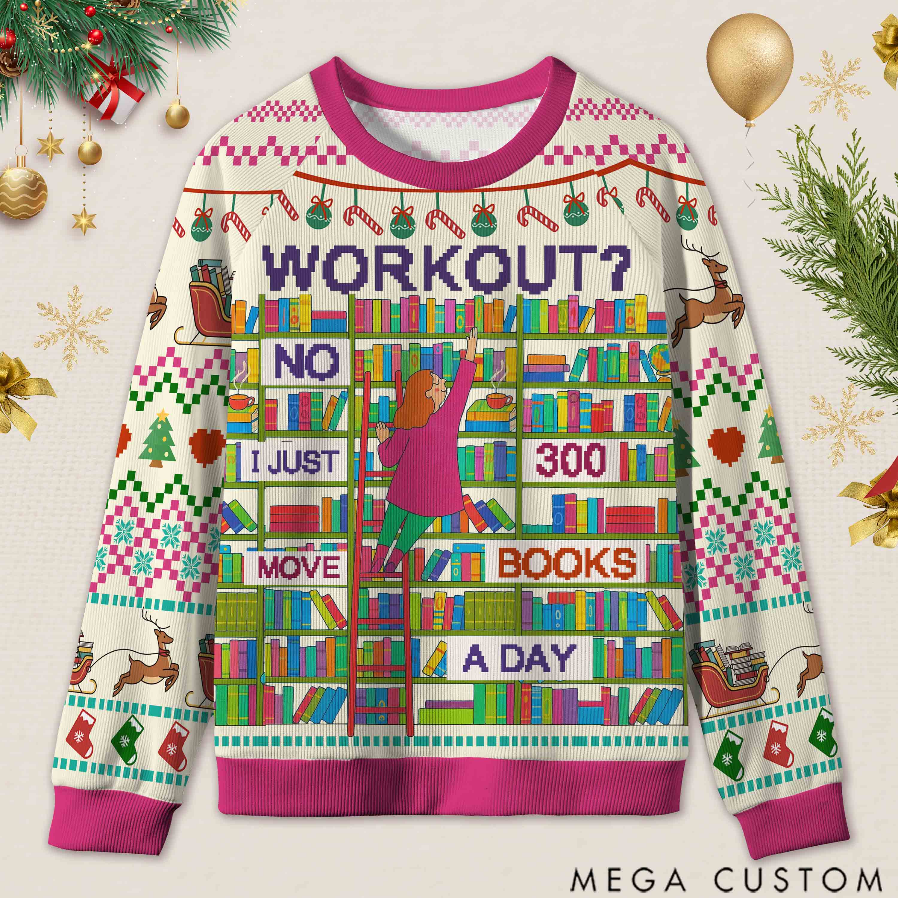 Personalized Book Lifting Workout Humor Ugly Sweater Office Holiday Party Gift for Book Lovers