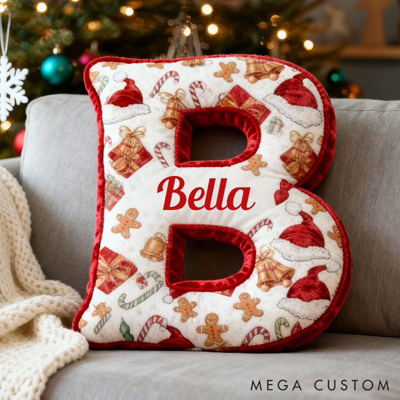 Personalized Christmas Letter Pillow Gingerbread Man Bell Christmas Gift Pattern Pillow Custom Holiday Vibes Throw Pillow Christmas Gift Pillow