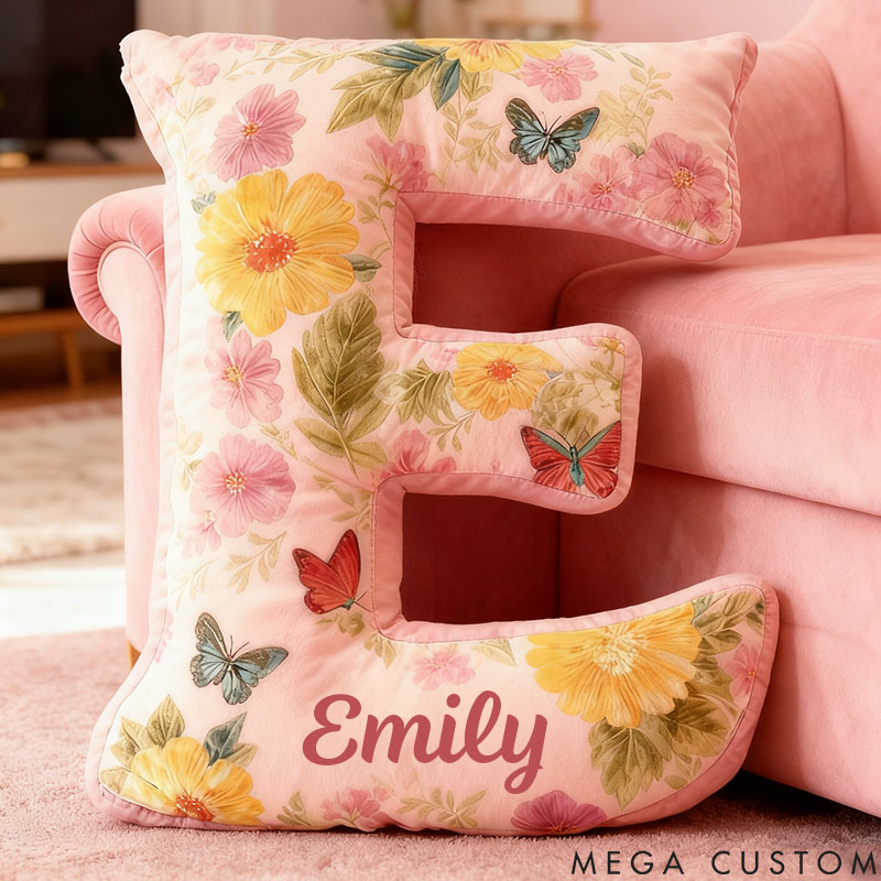 Personalized Flower Girl Oil Painting Style Butterfly Floral 26 Letters Pillow Girl friend Graphic 3D Printed Cushion Valentines Day Xmas Gift for Her