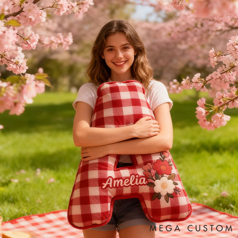 Personalized Red Checkerboard Flower Letter Pillow Initial Flower Throw Pillow Custom Holiday Home Decor Letter Pillow for Flower Girl for Girl friend
