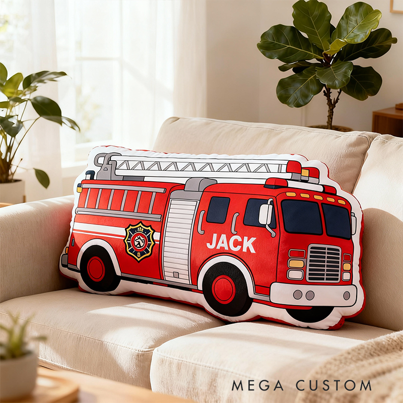 Personalized Fire Truck Pillow Custom Name Shaped Plush Cushion Gift for Firefighters