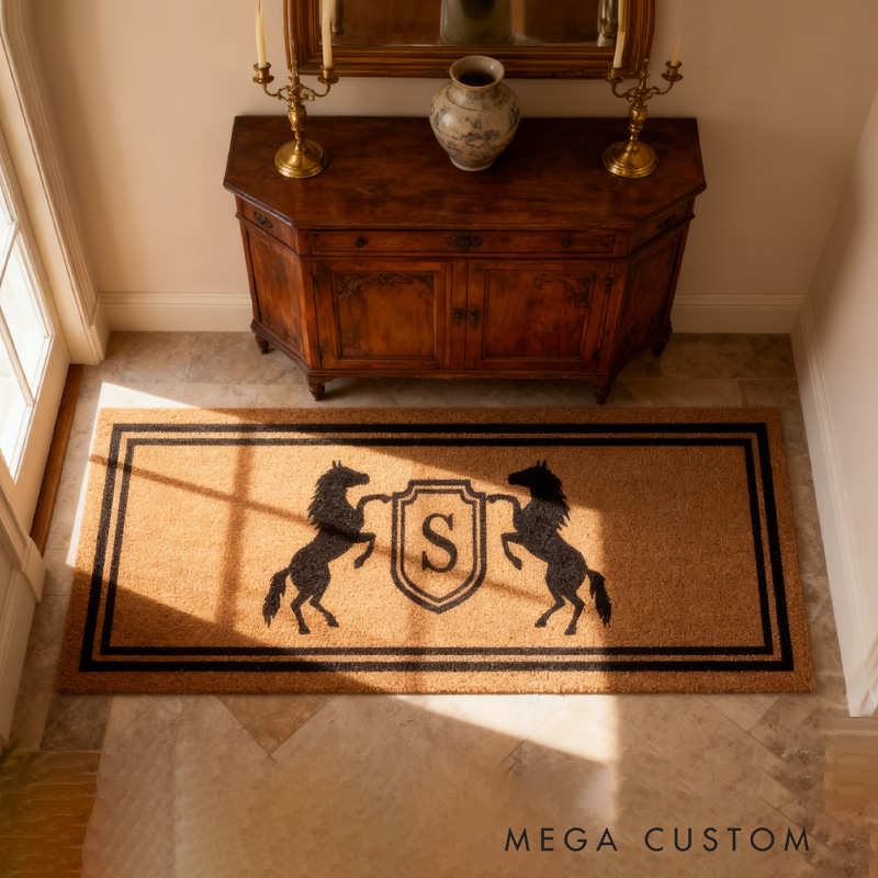 Personalized Rugs Riding Doormat Custom Name Festive Horse Deco rHorse Crest Doormat Equestrian Ranch Decor for Riding Lovers Equestrian Lovers