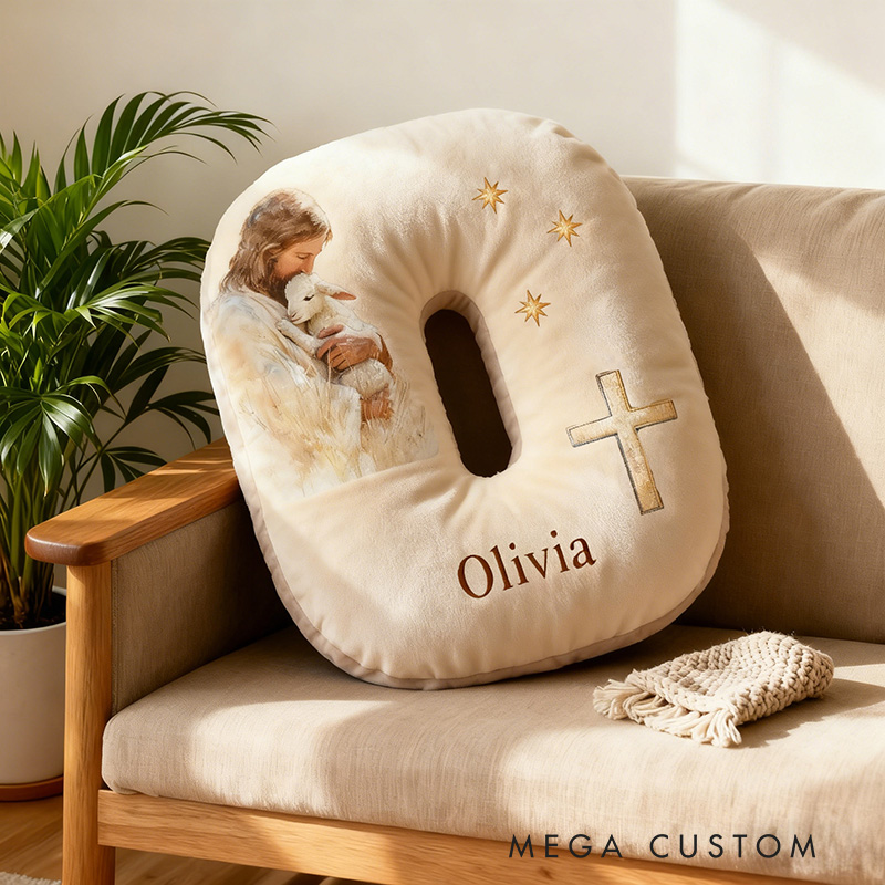Personalized Jesus Lamb Letter Pillow with Custom Name Religious Home Decor Christian Gift Faith Prayer Gift Graphic 3D Print Pillow 
