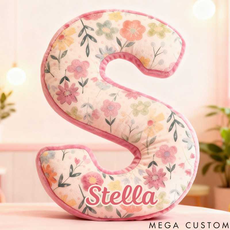 Personalized Flower Girl Pink Floral Graphic 3D Printed 26 Letters Pillow Custom Girl friend Initials Cushion Valentines Day Christmas Gift for Her