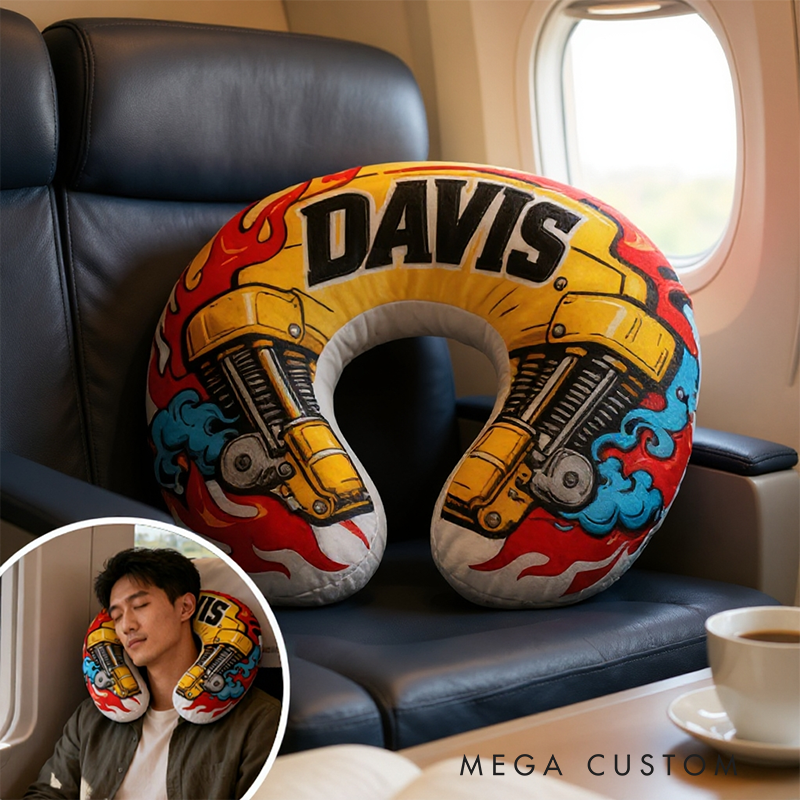 Personalized Racing Flame Neck Pillow Custom Name U‑Shaped Travel Cushion for Car Lovers and Motorsport Fans