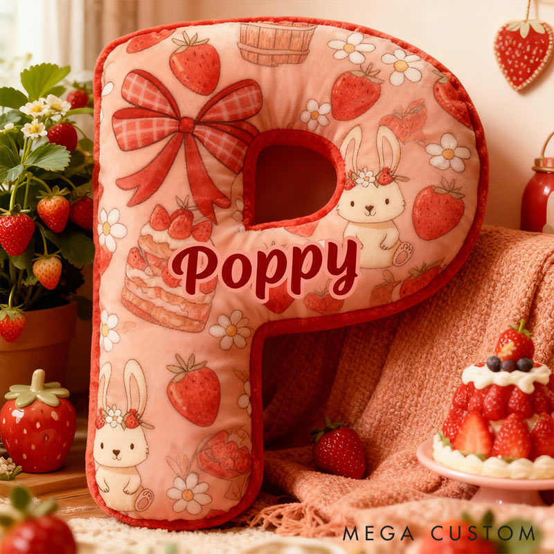 Personalized Strawberry Rabbit Letter Pillow Initial Rabbit Throw Pillow Custom Holiday Home Decor Letter Pillow for Flower Girl for Girl friend