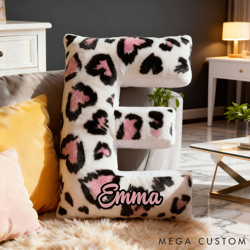 Personalized Pink Heart Leopard Letter Pillow with Name Initial Throw Pillow Custom Holiday Home Decor Letter Pillow for Girl friend