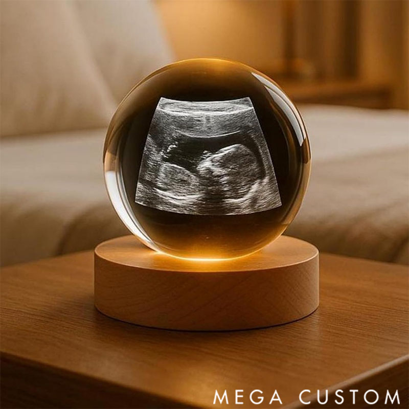 Personalized Crystal Ball Night Light, Custom 2D Photo Ultrasound Picture Frames, Luminous Wooden Base