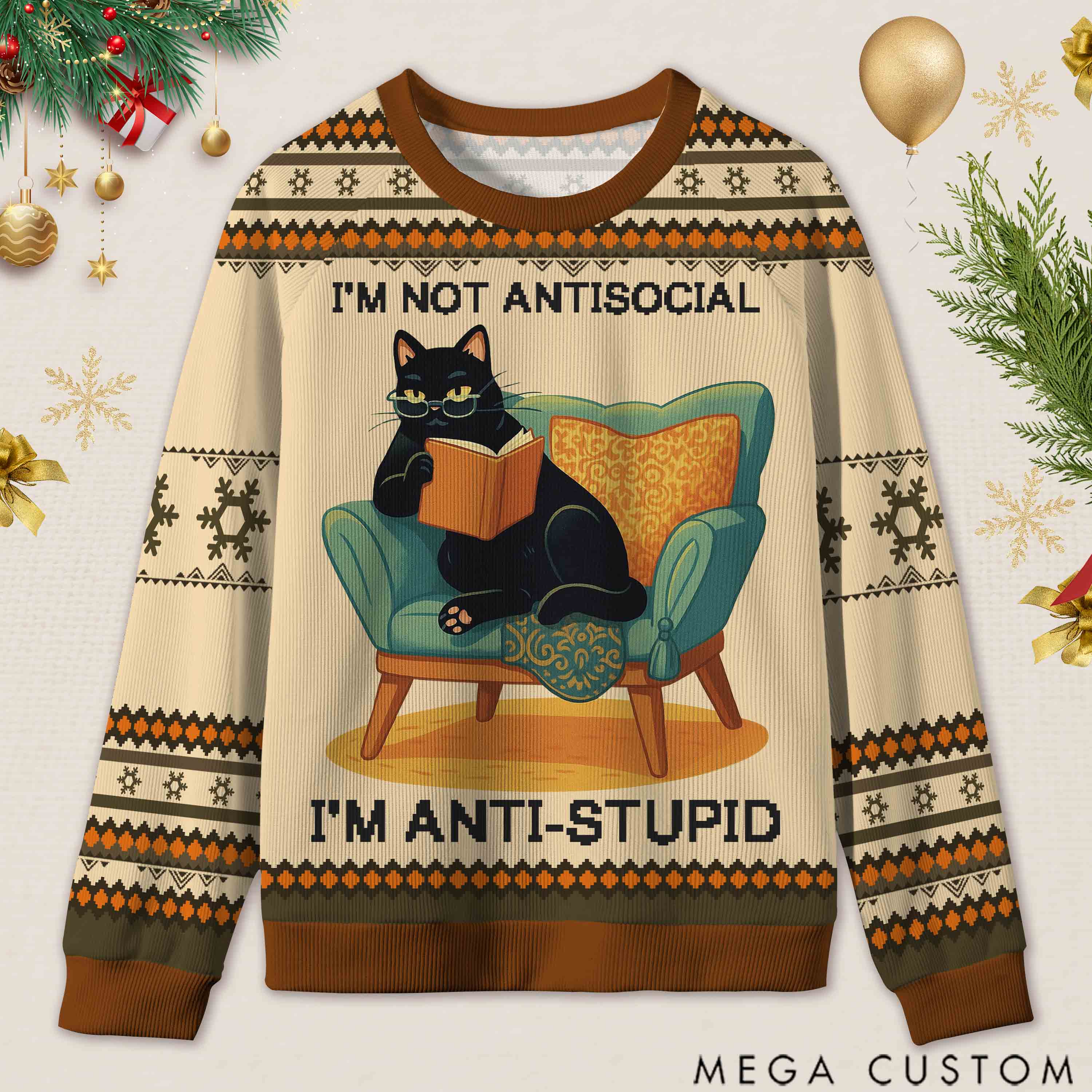 Personalized Wise Bookish Cat Reading Ugly Sweater Holiday Gift for Book Lovers