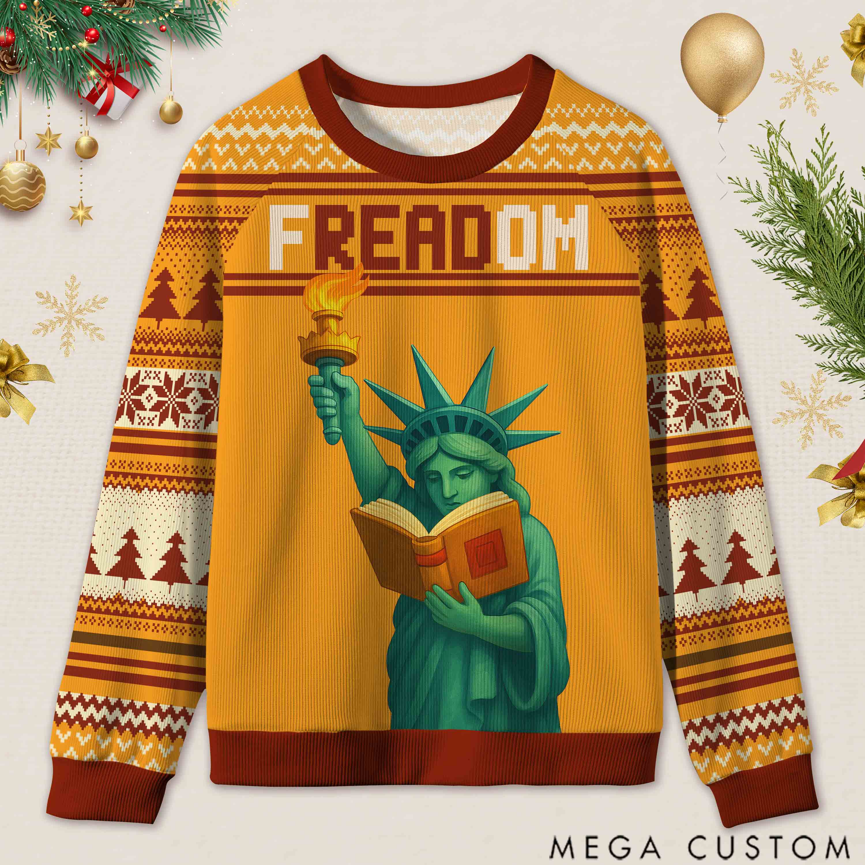 Personalized Reading Freedom Statue Fun Ugly Sweater Holiday Gift for Book Lovers