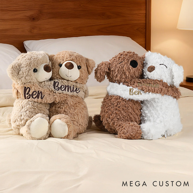Personalized Couple Pair Hugging Doll Bear Puppy with Name Splittable Stuffed Toys Valentines Day Anniversary Gift for Couple Birthday Gift for Bestie
