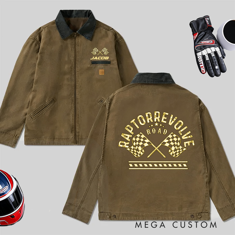 Personalized Racing Classic Work Jacket with Checkered Flag Custom Name Jacket for Racers and Racing Lovers