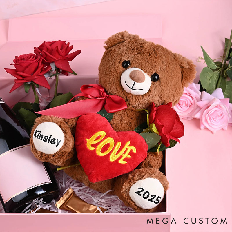 Personalized Couple I Love You Red Heart Bow Stuffed Bear with Name Stuffed Plush Bear Toy with Custom Text Valentines Day Anniversary Gift for Couple