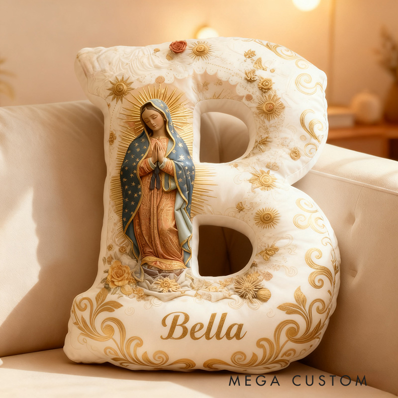 Personalized Our Lady Guadalupe Virgin Mary Floral Letter Pillow with Custom Name Religious Home Decor Catholic Gift for Women Graphic 3D Print Pillow