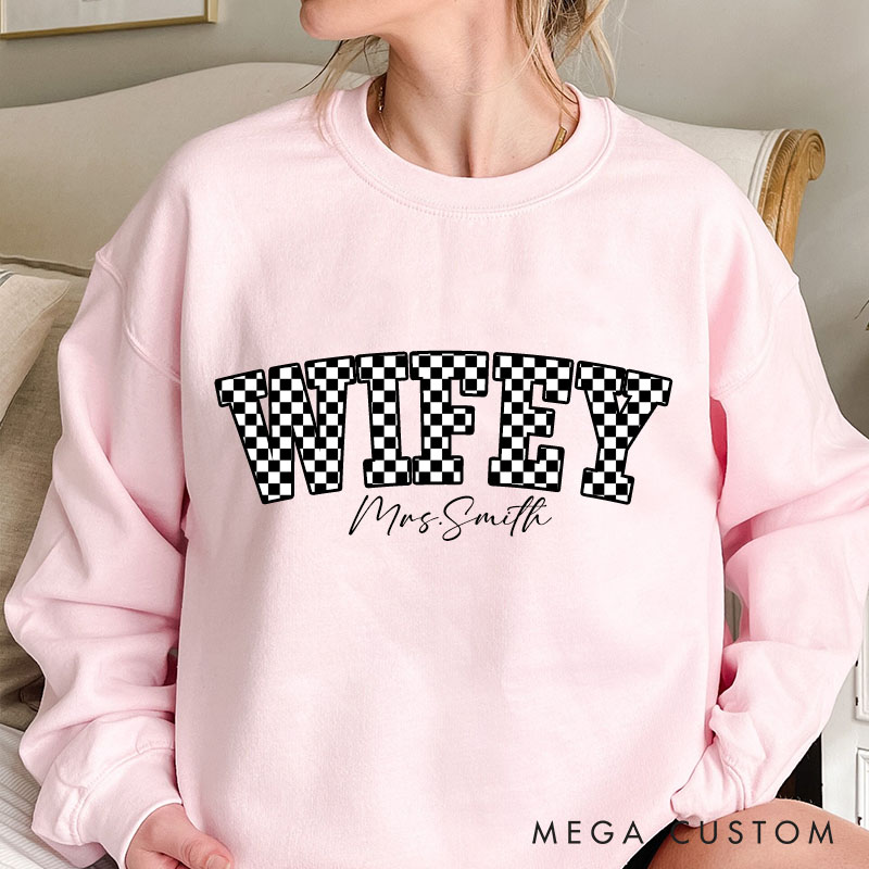 Personalized Checkered Wifey Sweatshirt with Name Custom Black and White Plaid Wifey Sweatshirt for Wife Couple Valentines Gift for Her