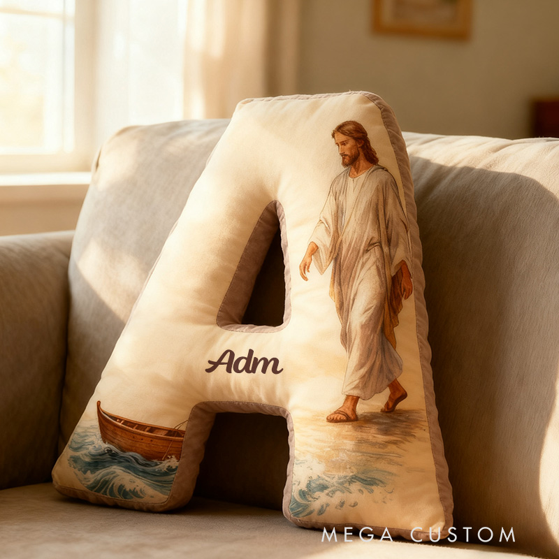 Personalized Jesus Walks on Water Letter Pillow with Custom Name Religious Home Decor Christian Gift Faith Prayer Gift Graphic 3D Print Pillow 