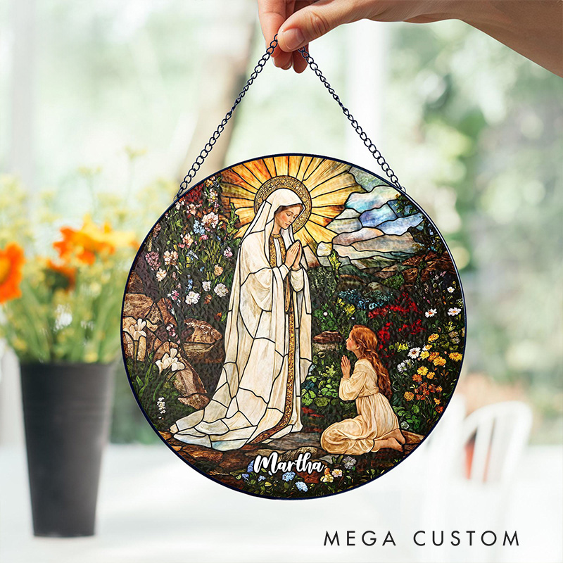 Personalized Our Lady of Lourdes Stained Glass Suncatcher Ornament with Name Window Hanging Decor Virgin Mary Art Religious Gift Catholic Gift