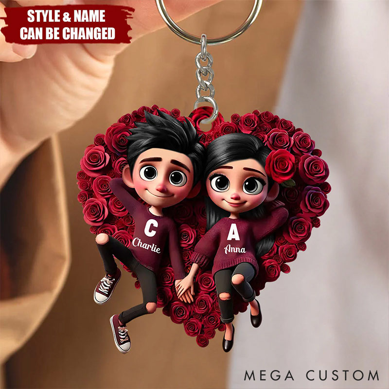 Personalized Couple Rose Heart Keychain Custom Features Initial Names Keychain Romantic Gift for Valentine's Day Gift for Couple For Him Her