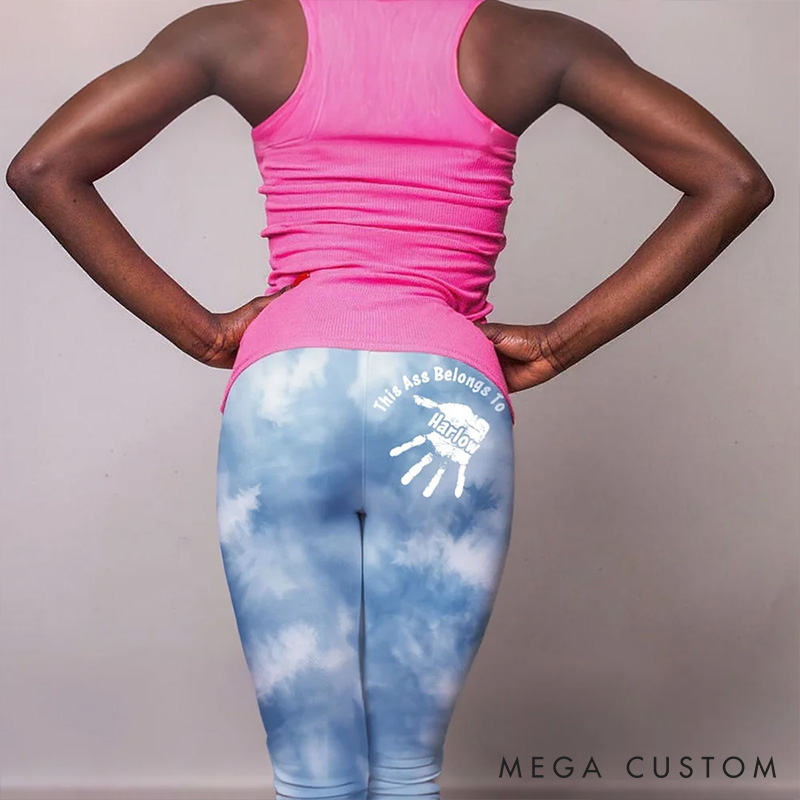 Personalized Girlfriend Wife This Ass Belongs To Him Palm Stretch Legging Women Yoga Pants with Man Name Valentines Day Anniversary Gift for Her