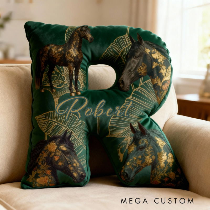 Personalized Riding Equestrian Leaves Letter Pillow Horse Custom Name Festive Golden Decor with French Countryside Gifts for Family Graphic 3D Print for Riding Lovers Equestrian Lovers