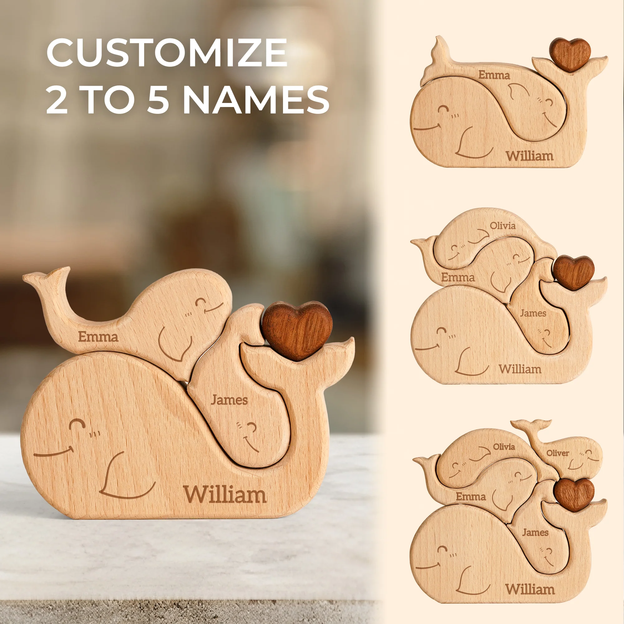 Personalized Wooden Puzzle Cute Whale Family Red Heart Design Custom Name