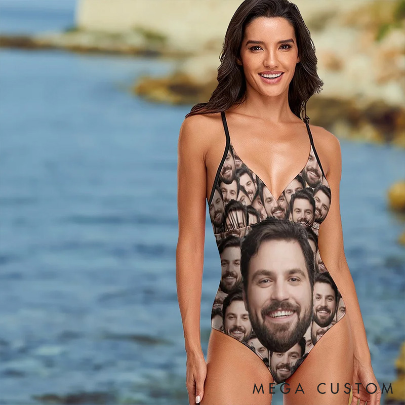 Personalized Man Face Photo Women One-Piece Swimsuit Custom Women Girlfriend Wife Swimsuit Valentines Day Gift for Her Summer Vacation Beach Essential