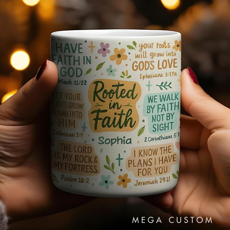Personalized Rooted in Faith Bible Verse Ceramic Mug with Name Jesus Encouragement Coffee Mug Religious Christian Gift