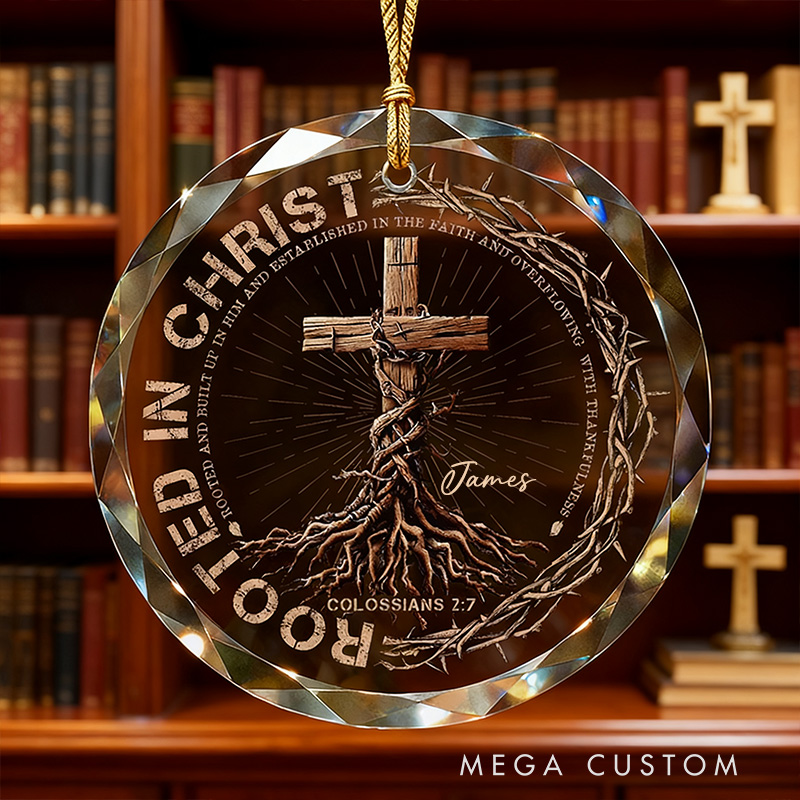 Personalized Rooted in Christ Round Shaped Glass Ornament with Custom Name Regilious Christmas Tree Decor Christian Gift