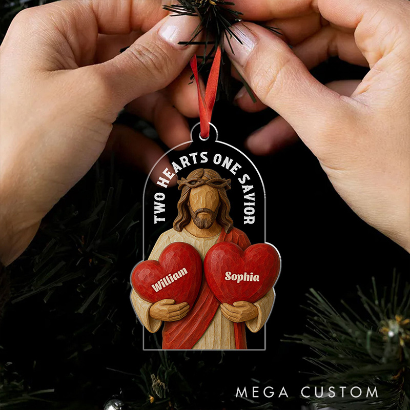 Personalized Two Hearts One Savior Acrylic Christmas Ornament with Custom Name Religious Gift Christmas Tree Decor Christian Gift for Couple