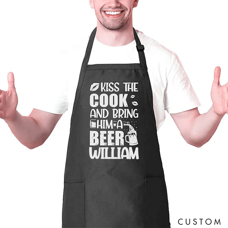 Personalized Couple Kiss The Cook And Bring Him A Beer Grill Apron Funny Apron Gift for Boyfriend Gift for Husband Valentine’s Day Gift for Him