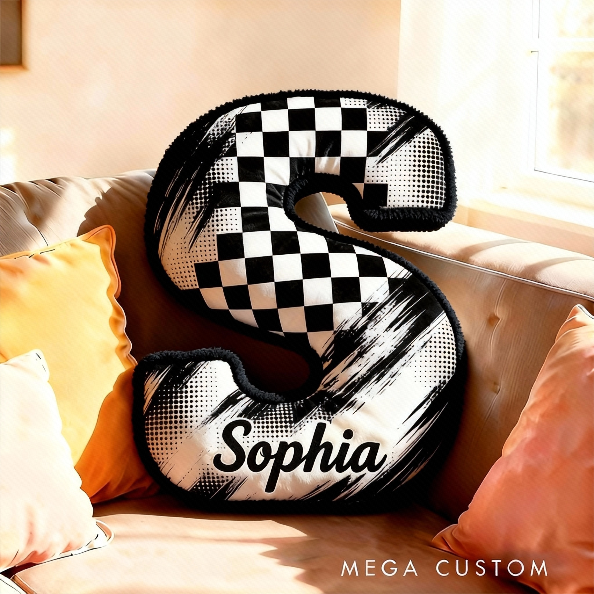 Personalized Racing Checkered Flag Letter Pillow Custom Name Initial Cushion Gift for Racing Lovers and Racers