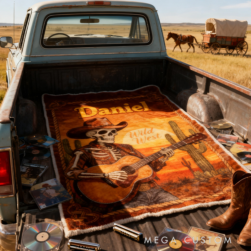 Personalized Wild West Skull Guitar Blanket Flannel Blanket Music Blanket with Name for Him for Husband Boyfriend Son Friends Familys