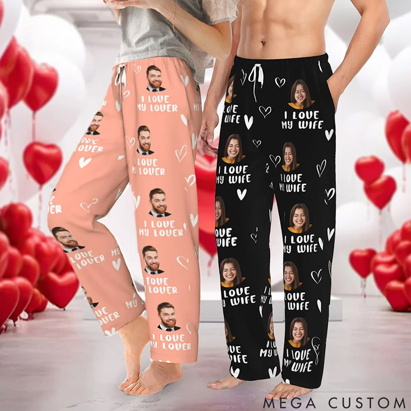 Personalized Valentine's Day Couple Faces Photo Matching Pajama Pants Custom Man Woman Photo Portrait Long Pjs Bottoms Anniversary Gift for Him Her