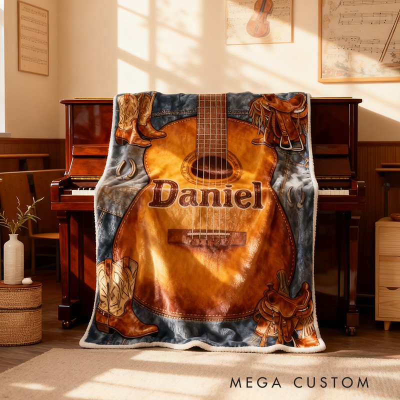 Personalized West Cowboy Guitar Blanket Flannel Blanket Music Blanket with Name for Him for Husband Boyfriend Son Friends Familys