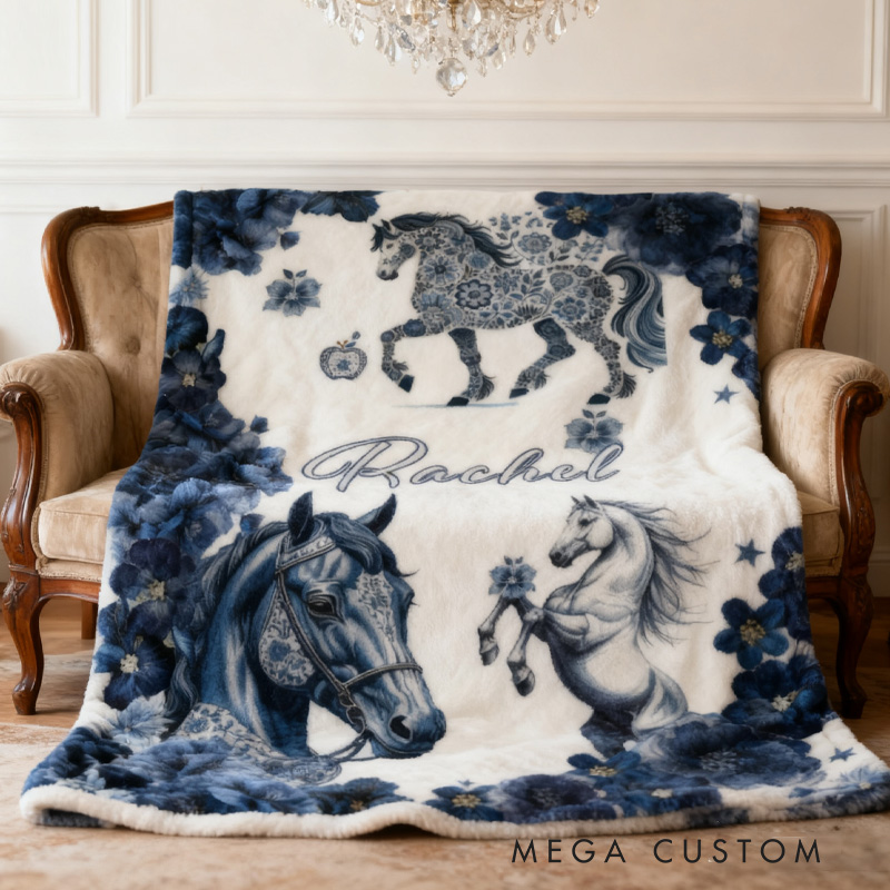 Personalized Riding Blanket Equestrian Horse Custom Name Blue And White Porcelain Decor with French Countryside Gifts Family Blanket for Riding Lovers Equestrian Lovers