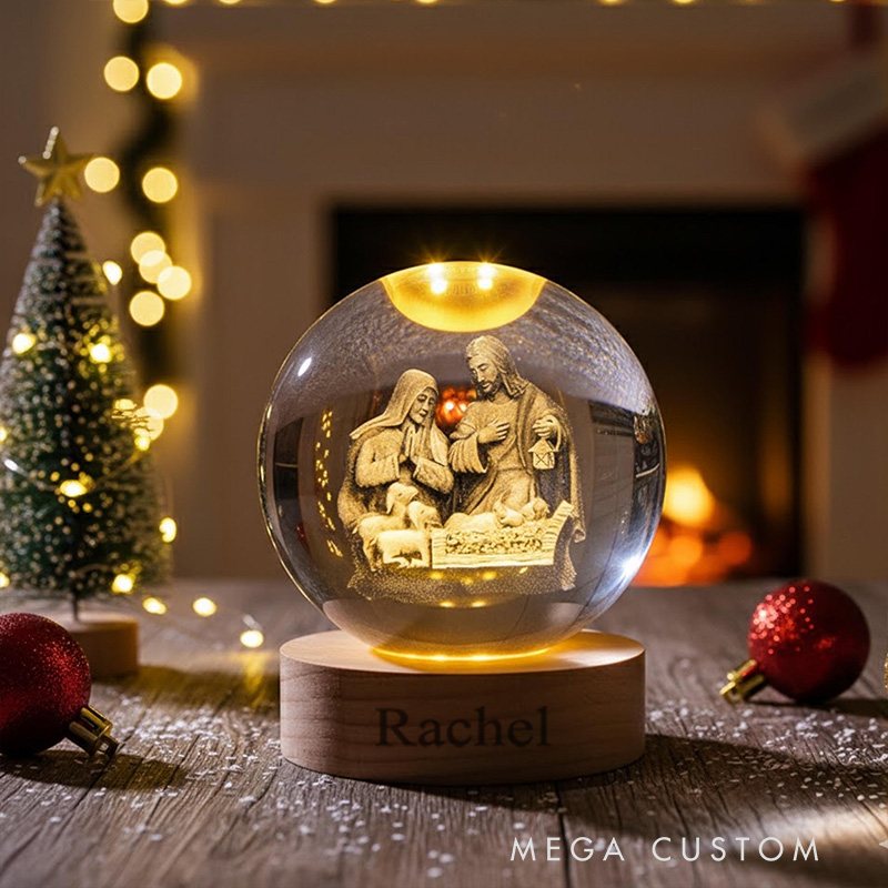 Personalized Nativity Scene 3D Spherical Crystal Lamp With Custom Text Religious Gift Christmas Gift Faith Gift