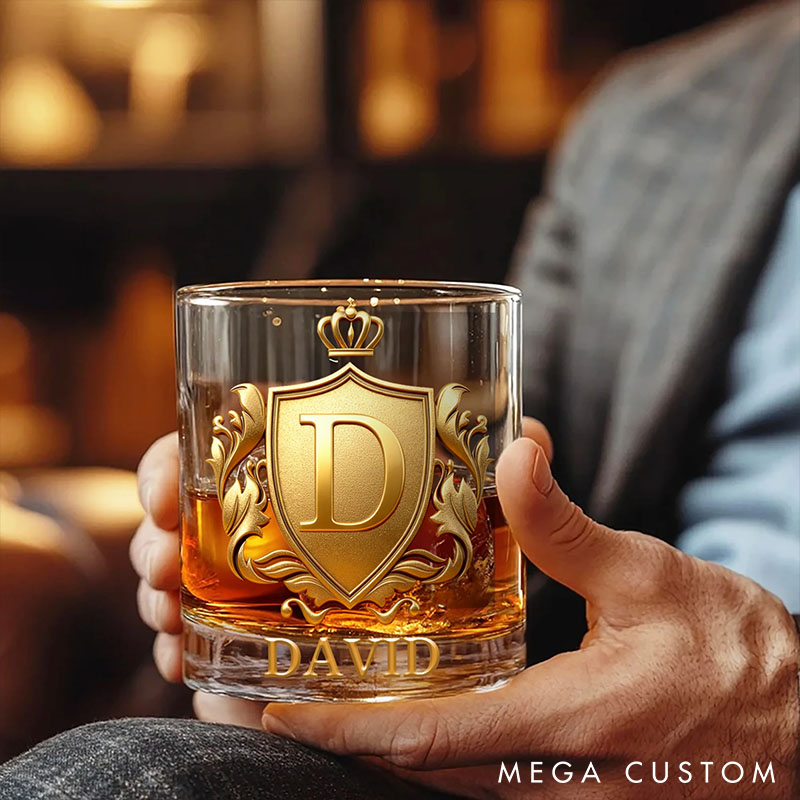 Personalized Rock Old Fashioned Whiskey Glass for Husband Boyfriend Golden 3D Graphic Badge Initial Named Whiskey Glass Birthday Gift for Man