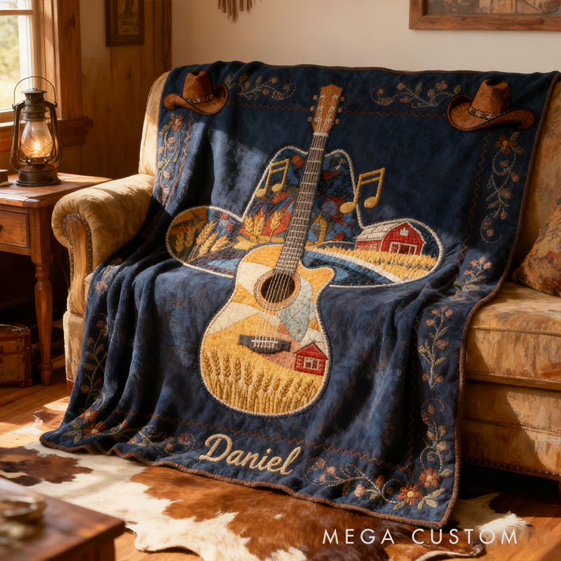 Personalized West Cowboy Guitar Blanket Flannel Blanket Country Music Blanket with Name for Him Her for Husband Wife Boyfriend Girlfriend Friends Familys