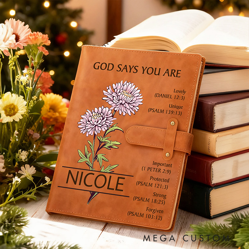 Personalized God Says you are Birth Flower PU Leather Notebook Cover with Name Religious Gift Birthday Gift for Christian