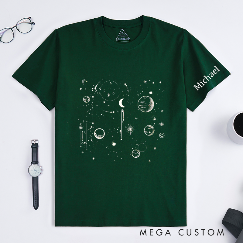 Personalized Space Themed Name T-Shirt Custom Celestial Universe Starry Sky Graphic Tee Unique Astronomy Gift Customizable Birthday Present
