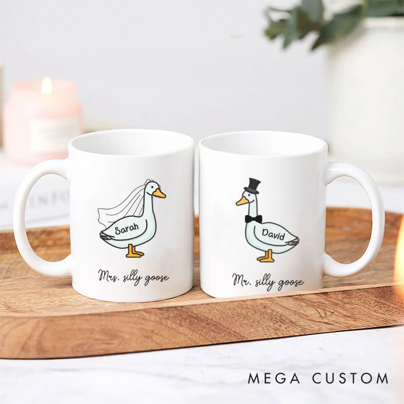 Personalized Couple Mr Mrs Silly Goose Mug Custom Name Funny Goose Mug for Couple Unique Valentine's Gift for Husband Wife Funny His and Hers Mugs